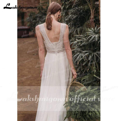 Sexy Sweetheart Sleeveless Tank Lace Chiffon Backless Wedding Dresses - ROYCEBRIDAL OFFICIAL STORE