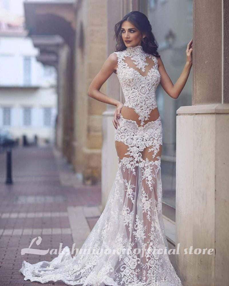 Sexy Transparent Wedding Dresses High Neck Mermaid Lace - ROYCEBRIDAL OFFICIAL STORE