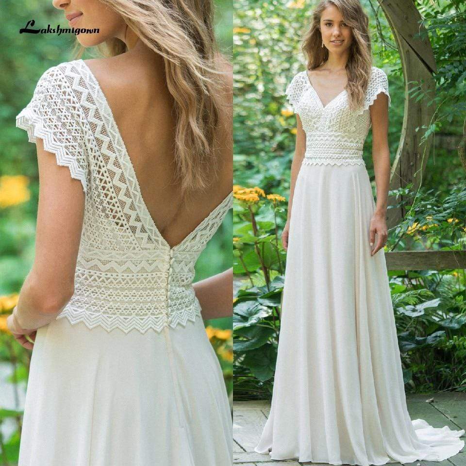 Sexy V Neck Chiffon Beach Wedding Dresses Lace Court Train - ROYCEBRIDAL OFFICIAL STORE