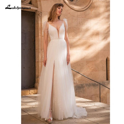 Sexy V Neck Lace Top Tulle Backless Boho Wedding Dresses - ROYCEBRIDAL OFFICIAL STORE