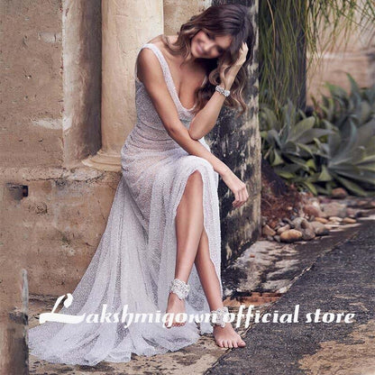 Sexy V Neck Pure Color Backless mermaid Wedding Dress - ROYCEBRIDAL OFFICIAL STORE