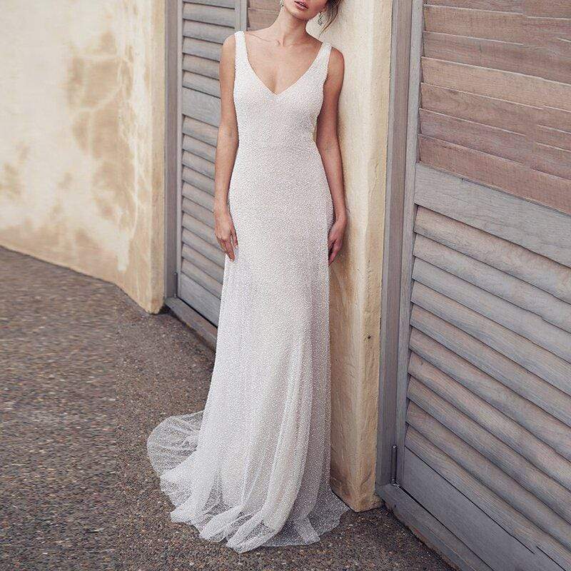 Sexy V Neck Pure Color Backless mermaid Wedding Dress - ROYCEBRIDAL OFFICIAL STORE