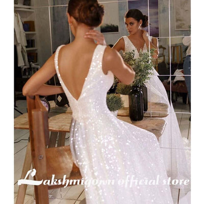 Sexy V-Neck shiny tulle Wedding Dresses Beaded Sexy Backless Beautiful Long Women Wedding Wear Custom Vestidos De Mariee - ROYCEBRIDAL OFFICIAL STORE