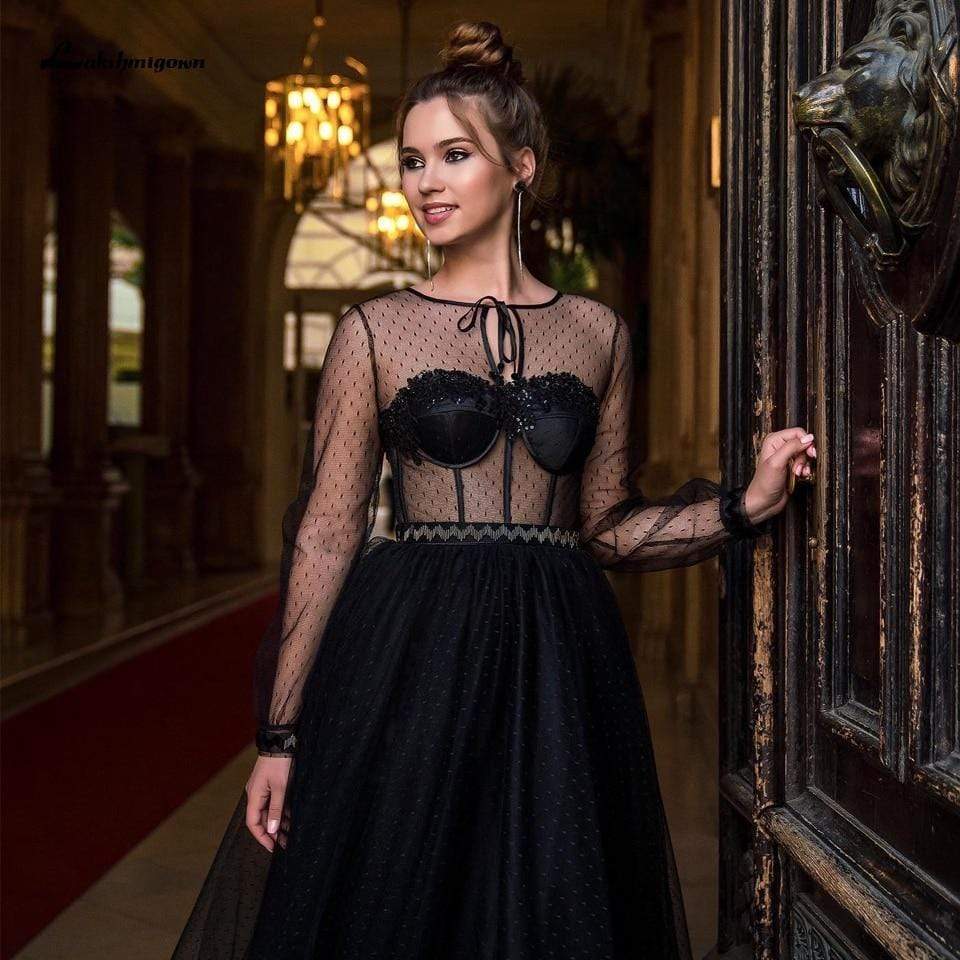 Sheer Illusion Gothic Black Wedding Dress Long Bridal - ROYCEBRIDAL OFFICIAL STORE