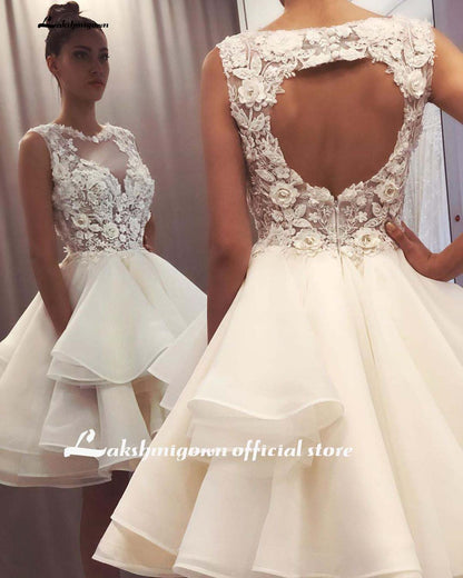 Short Wedding Dress 2021 Appliques Flowers Lace Top Bride Dresses Mini Wedding Bridal Gowns robe de mariage - ROYCEBRIDAL OFFICIAL STORE