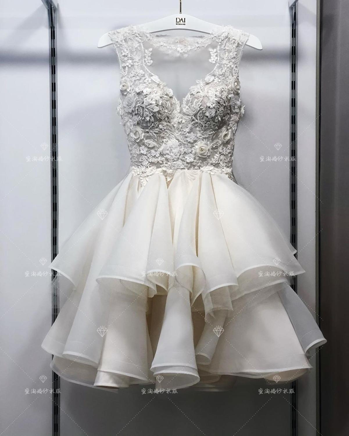 Short Wedding Dress 2021 Appliques Flowers Lace Top Bride Dresses Mini Wedding Bridal Gowns robe de mariage - ROYCEBRIDAL OFFICIAL STORE