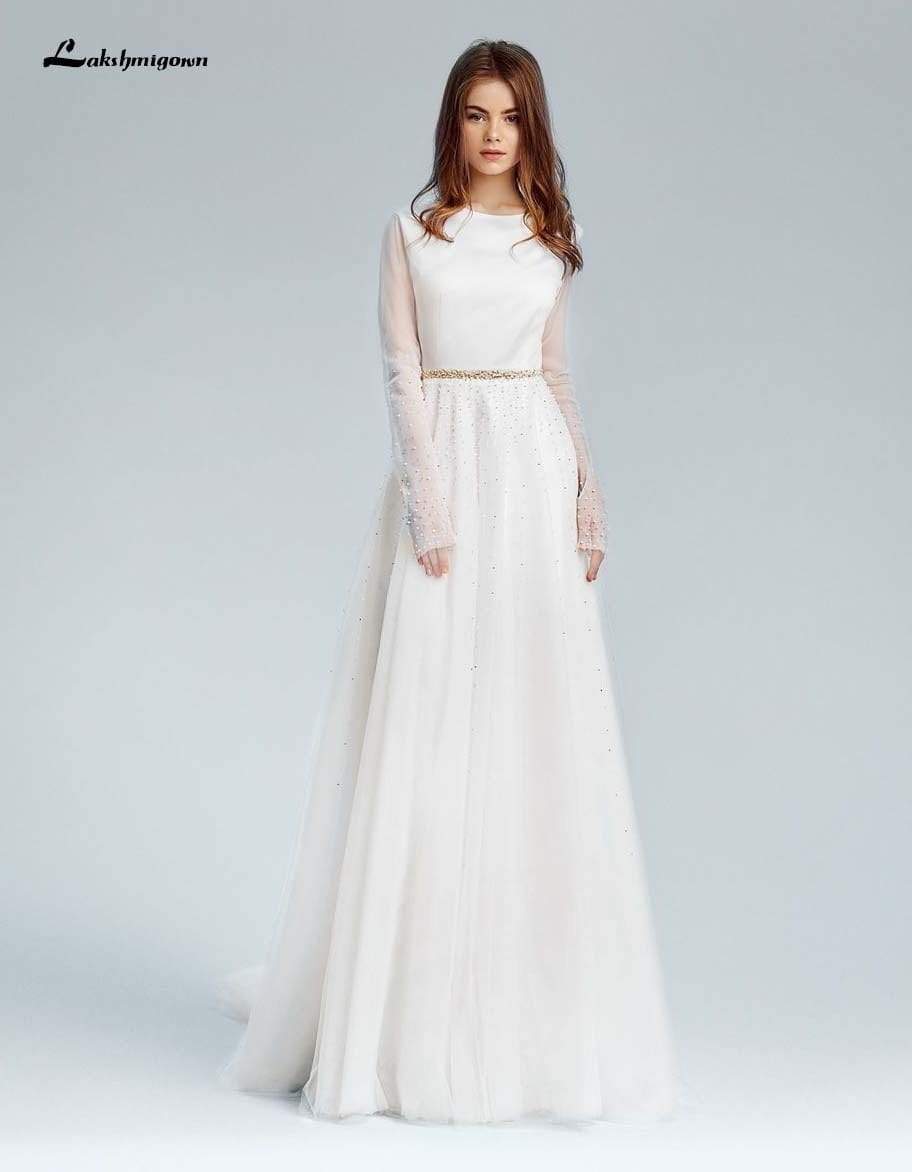 Simple A-line Modest Wedding Dresses With Long Sleeves - ROYCEBRIDAL OFFICIAL STORE