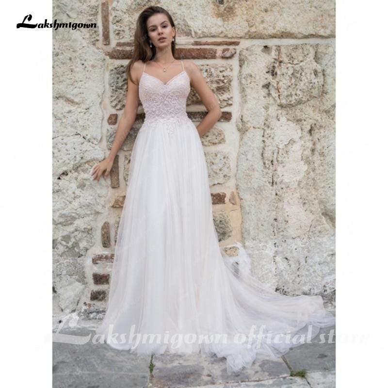 Simple A-Line V-Neck Lace Wedding Dress White sleeveless - ROYCEBRIDAL OFFICIAL STORE