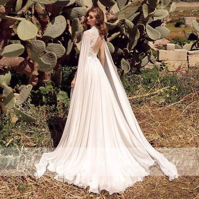 Simple Beach Boho Wedding Dresses with Cape Open Back Lace - ROYCEBRIDAL OFFICIAL STORE