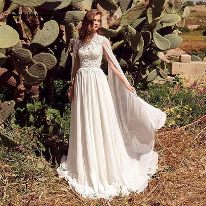 Simple Beach Boho Wedding Dresses with Cape Open Back Lace - ROYCEBRIDAL OFFICIAL STORE