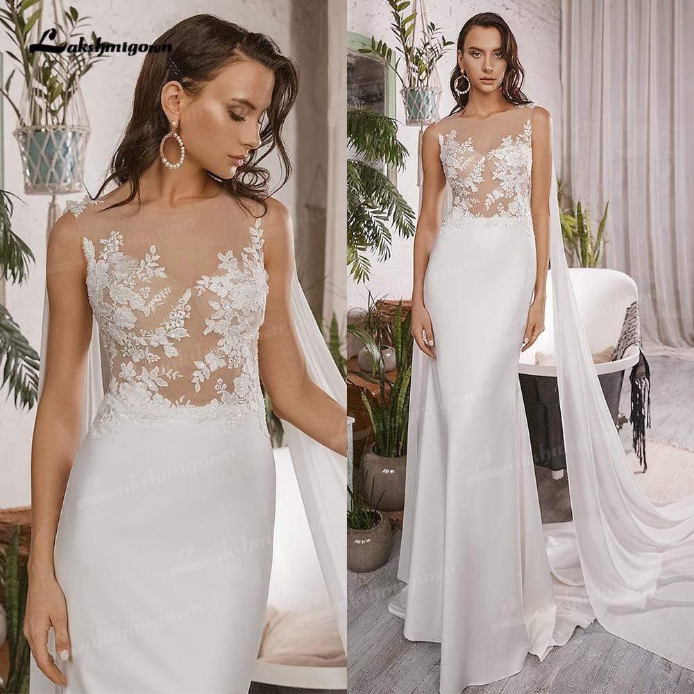 Simple Boho Mermaid Wedding Dresses with Cap Sleeveless Scoop Neck Satin Elegant Lace Appliques Bridal Gowns vestido de novia - ROYCEBRIDAL OFFICIAL STORE