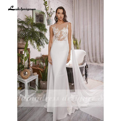 Simple Boho Mermaid Wedding Dresses with Cap Sleeveless Scoop Neck Satin Elegant Lace Appliques Bridal Gowns vestido de novia - ROYCEBRIDAL OFFICIAL STORE