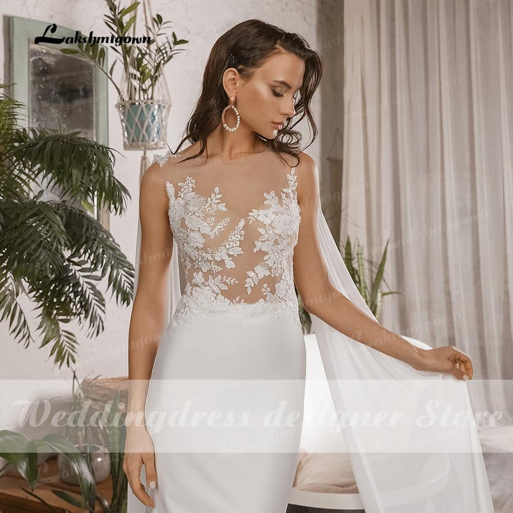 Simple Boho Mermaid Wedding Dresses with Cap Sleeveless Scoop Neck Satin Elegant Lace Appliques Bridal Gowns vestido de novia - ROYCEBRIDAL OFFICIAL STORE