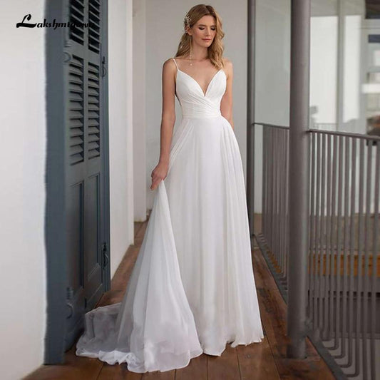 Simple Chiffon Wedding Dress Spaghetti Straps V Neck - ROYCEBRIDAL OFFICIAL STORE