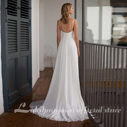 Simple Chiffon Wedding Dress Spaghetti Straps V Neck - ROYCEBRIDAL OFFICIAL STORE