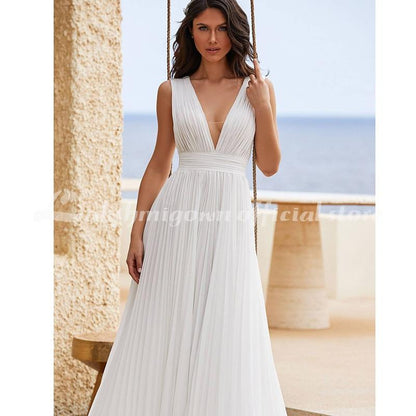 Simple Chiffon Wedding Dress With Pleats V-Neck Simple - ROYCEBRIDAL OFFICIAL STORE