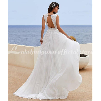 Simple Chiffon Wedding Dress With Pleats V-Neck Simple - ROYCEBRIDAL OFFICIAL STORE