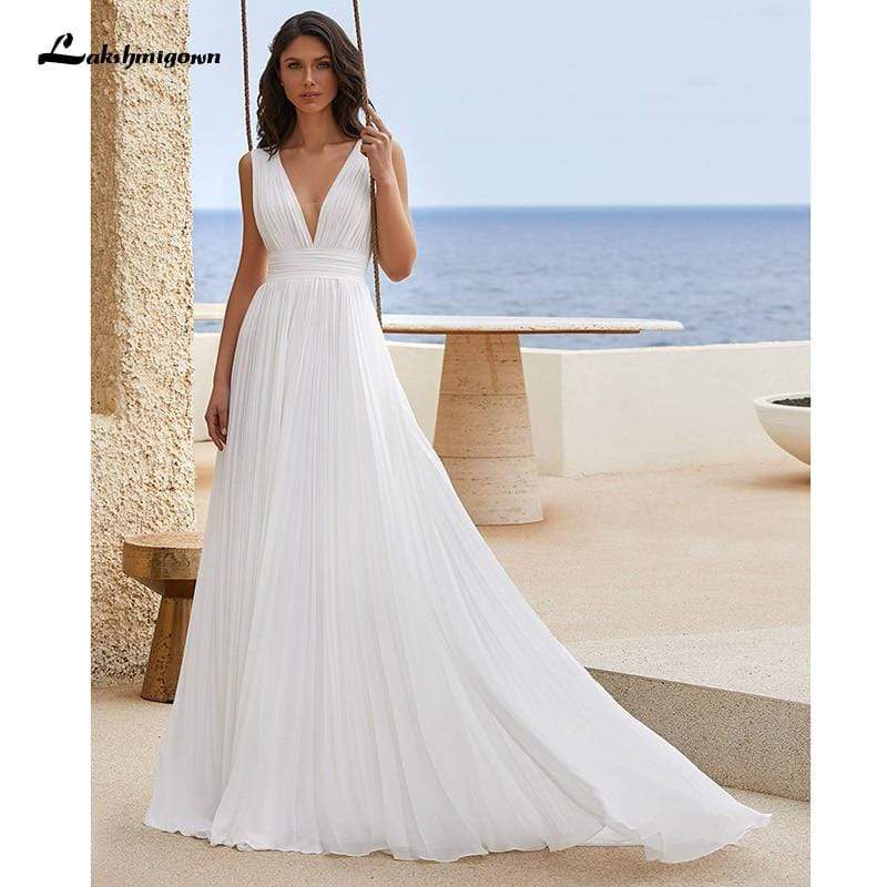 Simple Chiffon Wedding Dress With Pleats V-Neck Simple - ROYCEBRIDAL OFFICIAL STORE