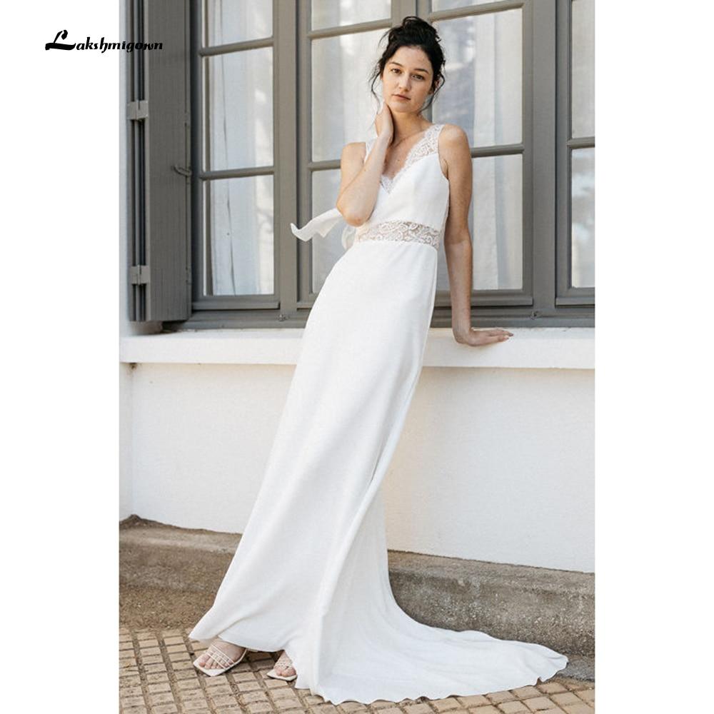 Simple Lace Satin Beach Backless Bow Wedding Dresses - ROYCEBRIDAL OFFICIAL STORE