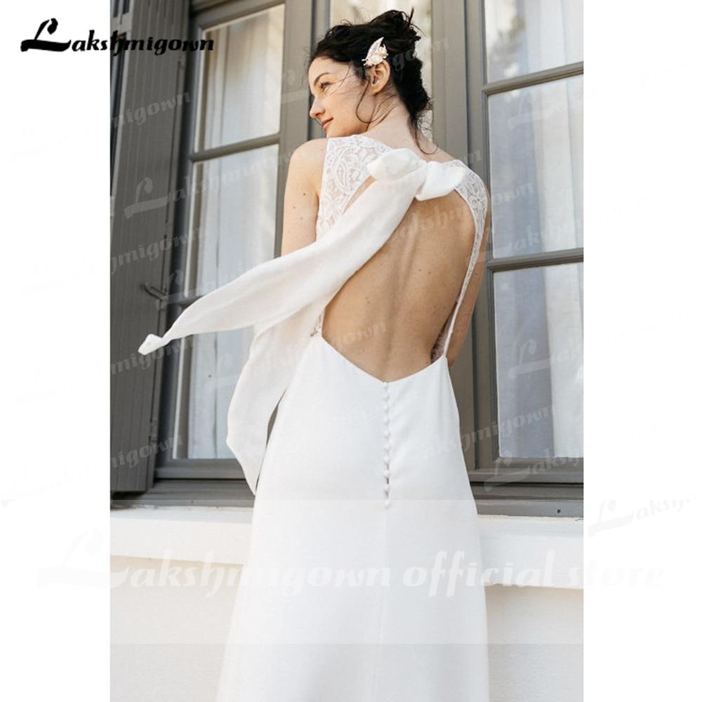 Simple Lace Satin Beach Backless Bow Wedding Dresses - ROYCEBRIDAL OFFICIAL STORE