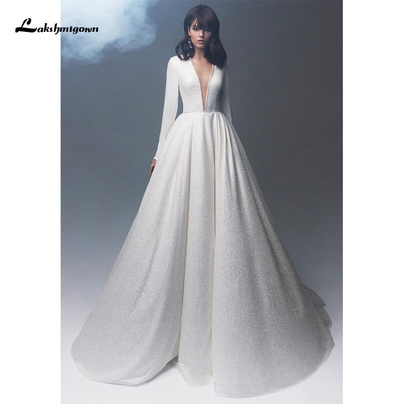 Simple Long Sleeve V Neck A-Line Wedding Dresses - ROYCEBRIDAL OFFICIAL STORE