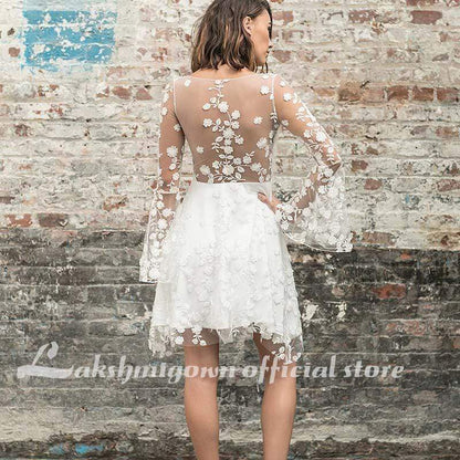 Simple New A-Line Lace Short Knee Length Sheer Wedding Dresses - ROYCEBRIDAL OFFICIAL STORE