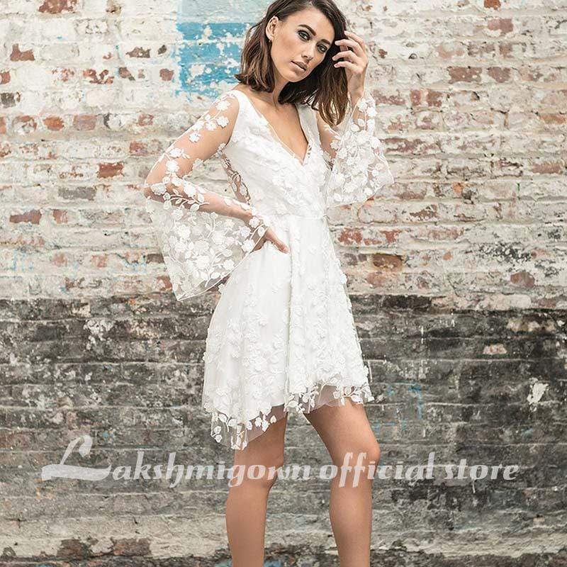 Simple New A-Line Lace Short Knee Length Sheer Wedding Dresses - ROYCEBRIDAL OFFICIAL STORE