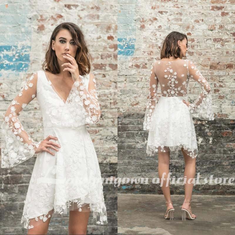 Simple New A-Line Lace Short Knee Length Sheer Wedding Dresses - ROYCEBRIDAL OFFICIAL STORE