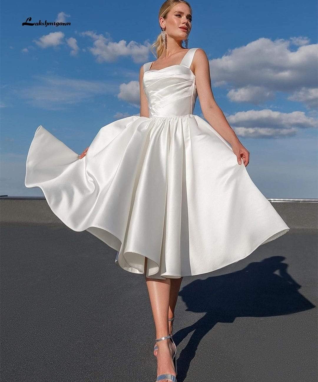 Simple Satin Short Wedding Dress Spaghetti Strap A-Line - ROYCEBRIDAL OFFICIAL STORE