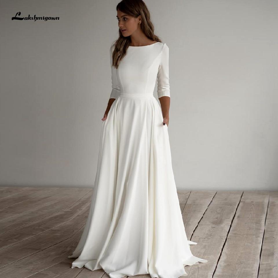 Simple Satin Wedding Dress A Line 3/4 sleeves Beach - ROYCEBRIDAL OFFICIAL STORE