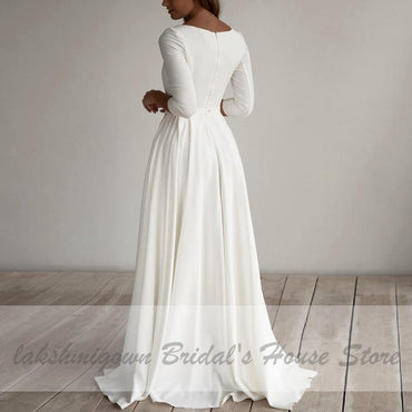 Simple Satin Wedding Dress A Line 3/4 sleeves Beach - ROYCEBRIDAL OFFICIAL STORE