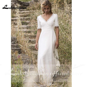 Simple Short Sleeve V Neck Beach Sweep Train Wedding Dresses - ROYCEBRIDAL OFFICIAL STORE