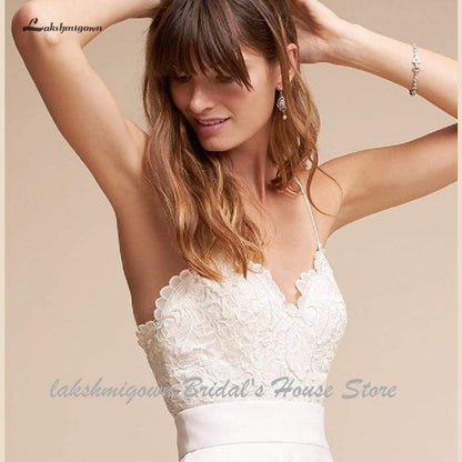 Simple Short Wedding Dress Satin Sexy Bridal Beach Spaghetti Straps - ROYCEBRIDAL OFFICIAL STORE