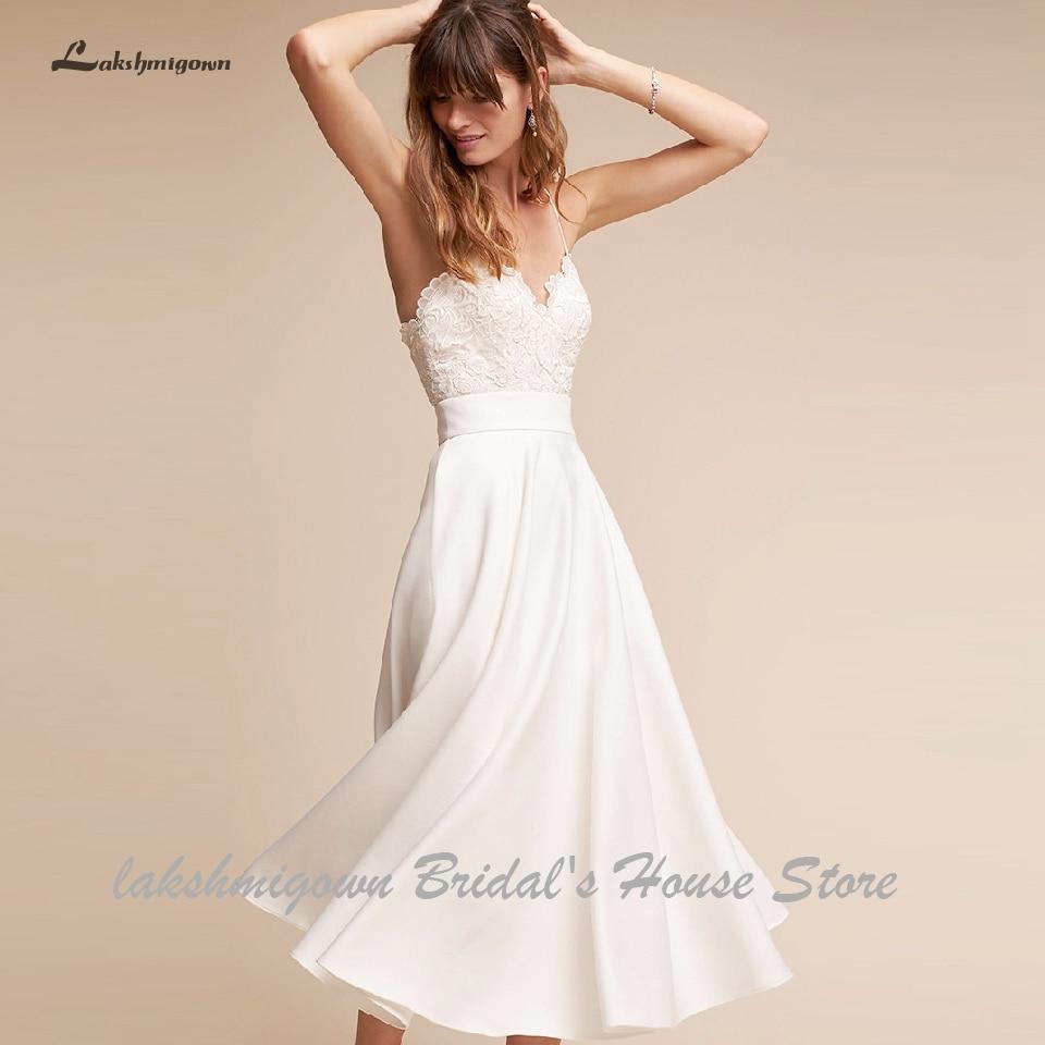 Simple Short Wedding Dress Satin Sexy Bridal Beach Spaghetti Straps - ROYCEBRIDAL OFFICIAL STORE