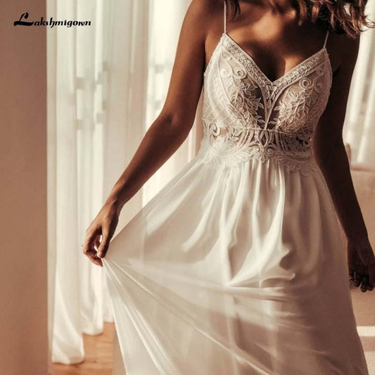 Simple V Neck Chiffon A Line Boho Beach Wedding Dresses - ROYCEBRIDAL OFFICIAL STORE