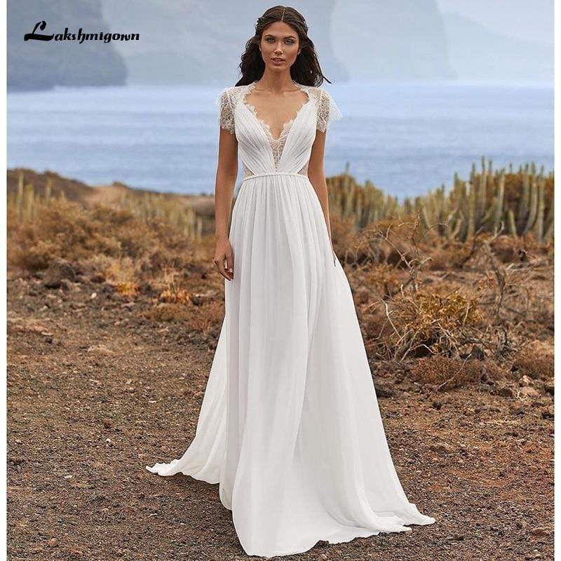 Simple Wedding Dress Soft Lace Chiffon A-Line Short Sleeve - ROYCEBRIDAL OFFICIAL STORE