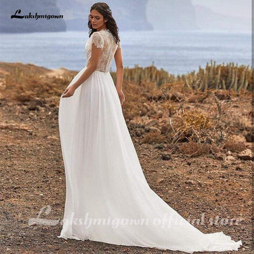 Simple Wedding Dress Soft Lace Chiffon A-Line Short Sleeve - ROYCEBRIDAL OFFICIAL STORE