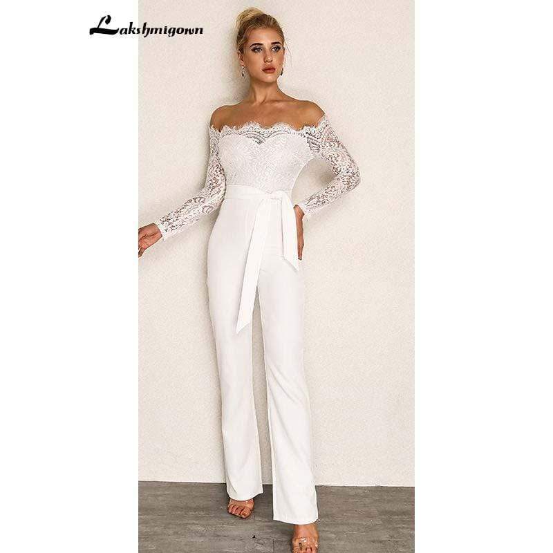 Simple White Lace Jumpsuits Wedding Dresses Long Sleeves Pant Suit - ROYCEBRIDAL OFFICIAL STORE