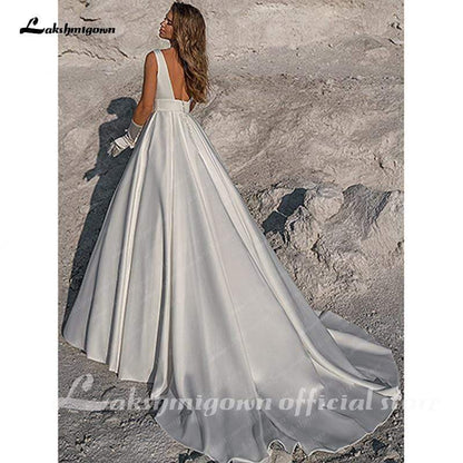 Simple White Satin Wedding Dress A Line - ROYCEBRIDAL OFFICIAL STORE