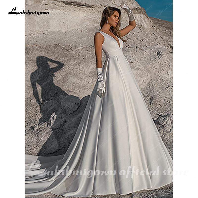 Simple White Satin Wedding Dress A Line - ROYCEBRIDAL OFFICIAL STORE