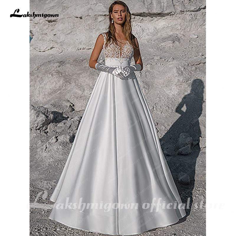 Simple White Satin Wedding Dress A Line Bride Gowns - ROYCEBRIDAL OFFICIAL STORE