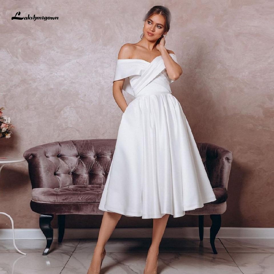 Simple White Satin Wedding Dress Tea Length - ROYCEBRIDAL OFFICIAL STORE