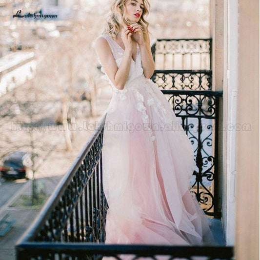 Lakshmig own floral wedding dress, boho style, pink, 2021, elegant, white, tulle, lace, sexy, princess, wedding attire, future - ROYCEBRIDAL OFFICIAL STORE