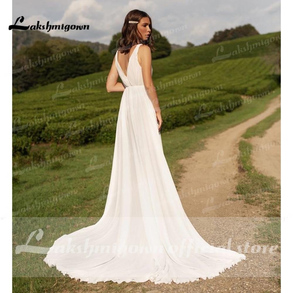 Sleeveless V Neck Chiffon High Split Pleats Wedding Dresses - ROYCEBRIDAL OFFICIAL STORE