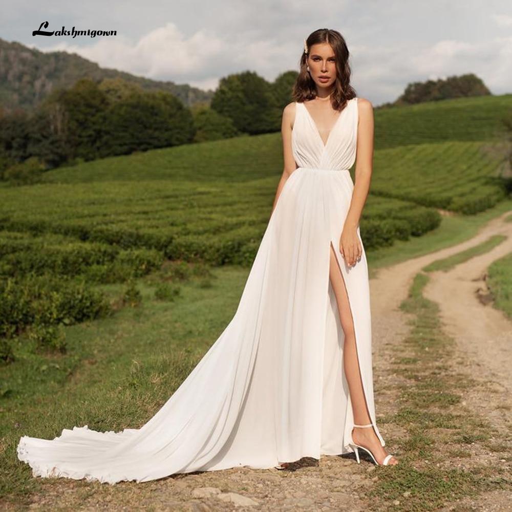 Sleeveless V Neck Chiffon High Split Pleats Wedding Dresses - ROYCEBRIDAL OFFICIAL STORE