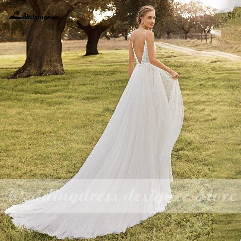 Spaghetti Straps Boho Wedding Dresses V Neck Backless - ROYCEBRIDAL OFFICIAL STORE