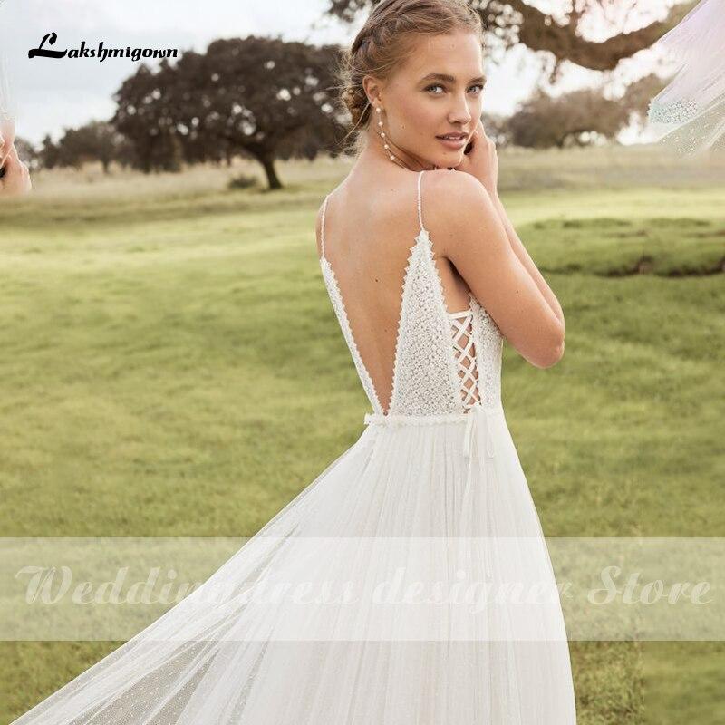 Spaghetti Straps Boho Wedding Dresses V Neck Backless - ROYCEBRIDAL OFFICIAL STORE