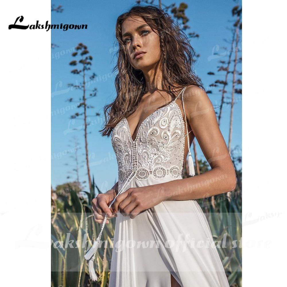 Spaghetti Straps High Split Backless beads Wedding Dresses - ROYCEBRIDAL OFFICIAL STORE