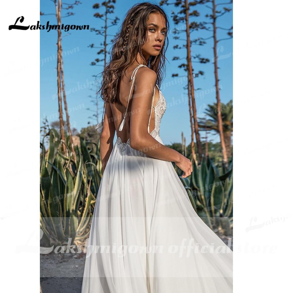 Spaghetti Straps High Split Backless beads Wedding Dresses - ROYCEBRIDAL OFFICIAL STORE