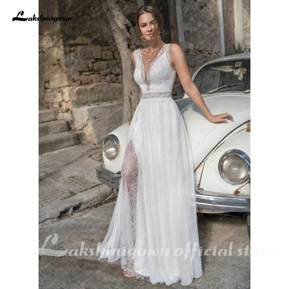 Split Lace Bridal Dress Summer Wedding Dresses Sexy Lace V neck A Line - ROYCEBRIDAL OFFICIAL STORE